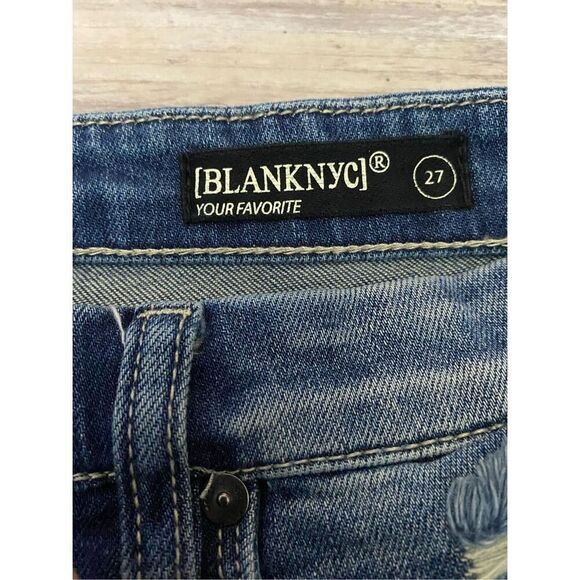 Blank NYC Straight Leg Jeans Distressed Fishnet Patches Women’s Sz 27 Waist - Picture 4 of 8